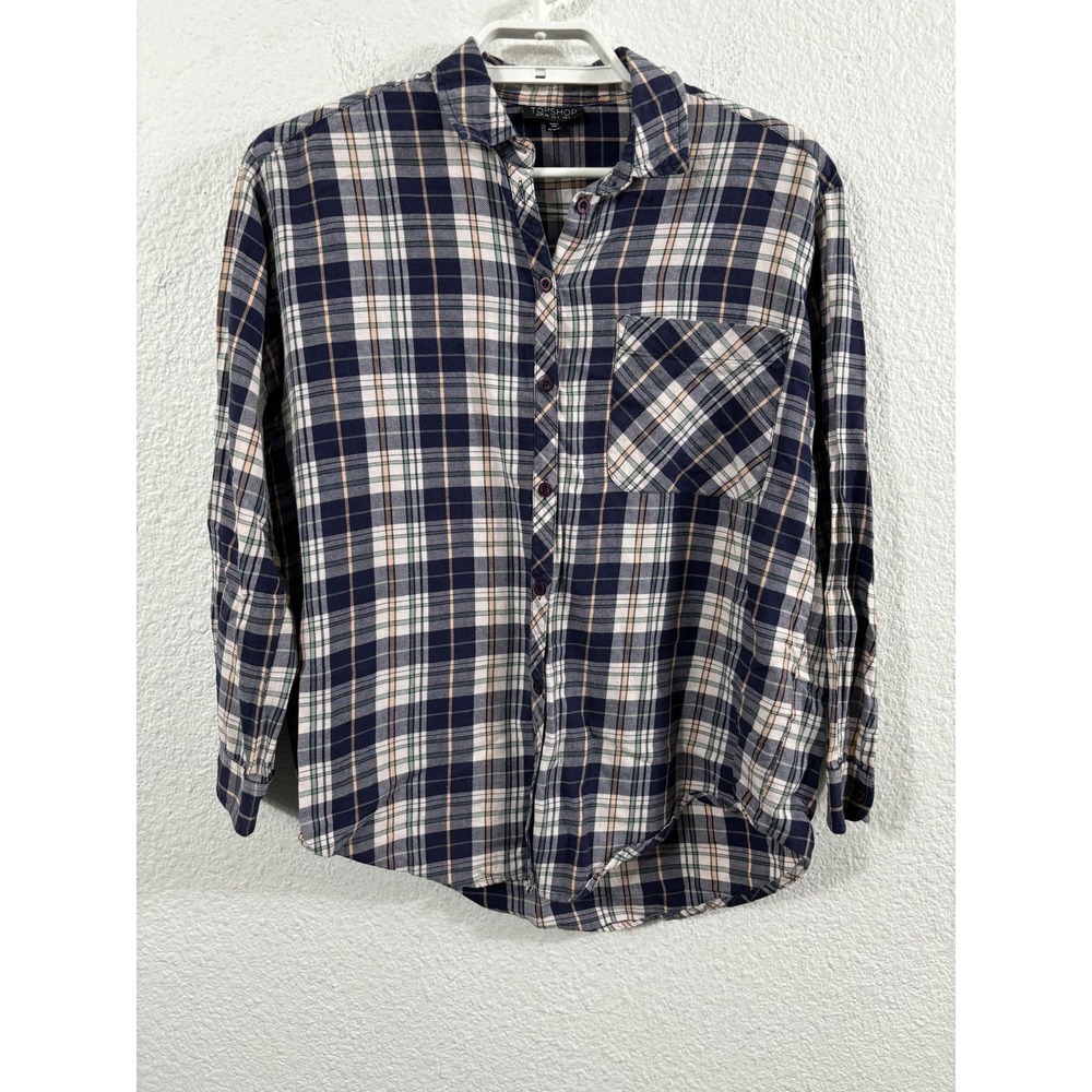 Topshop Shirt Womens 2 Blue Plaid Flannel‎ Button Down Long Sleeve Pocket Cotton